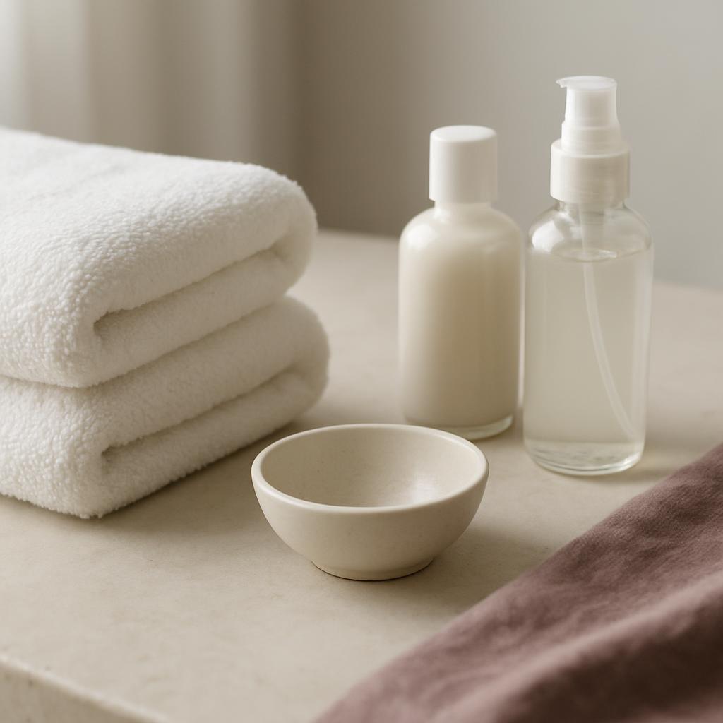 Detalle de productos y toallas dobladas en la cabina