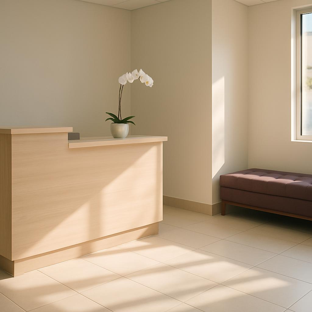 Recepción tranquila del spa con luz de la mañana