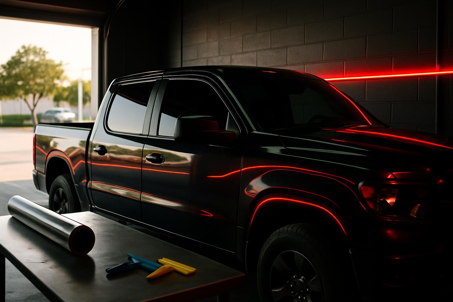 Camioneta negra con vidrios polarizados en el taller de Kendall