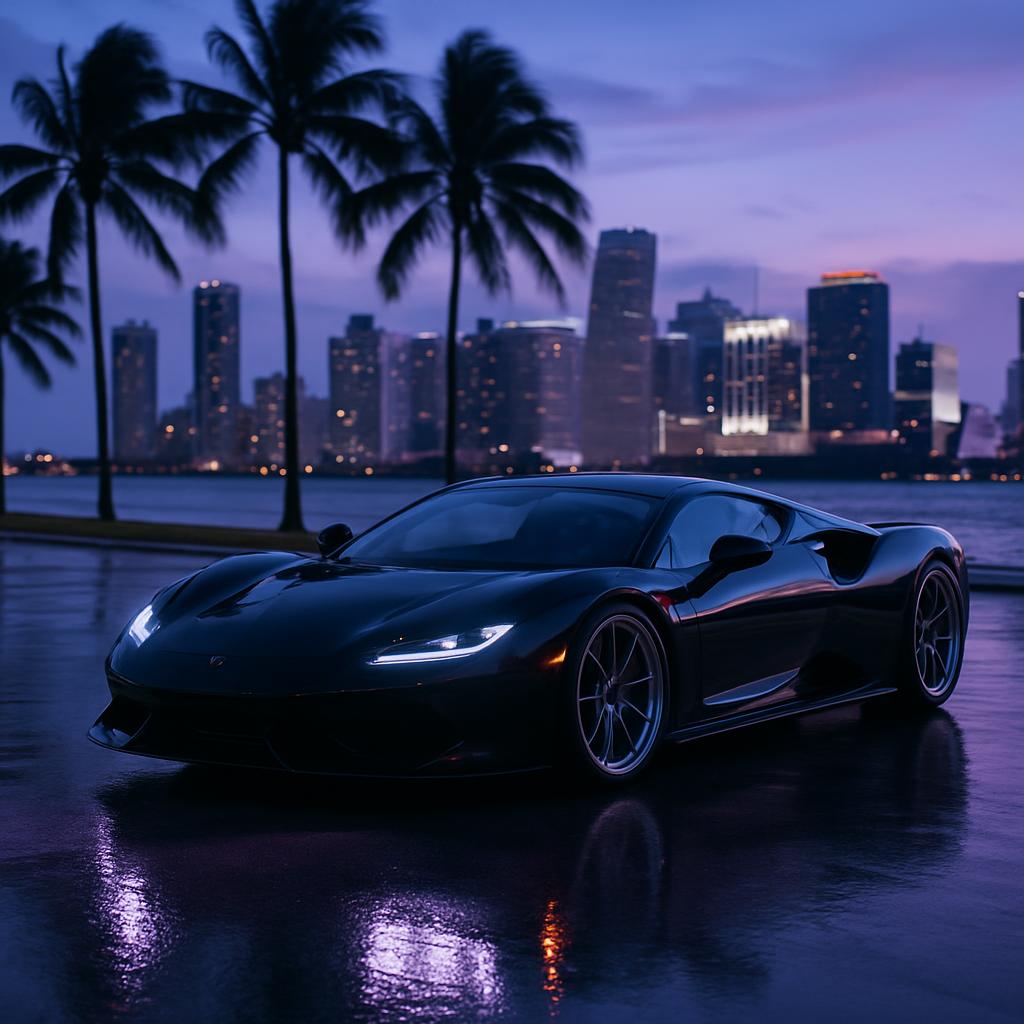 Carro exótico brillando bajo las luces del taller en Miami