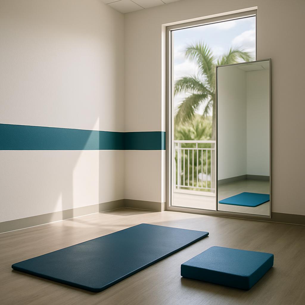 Área de rehabilitación con colchoneta y luz de mediodía en Doral