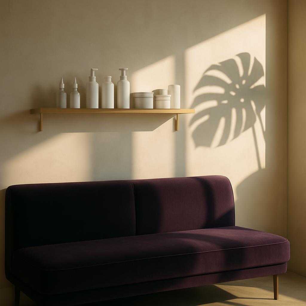 Rincón de espera del spa con tonos lila y luz de Doral