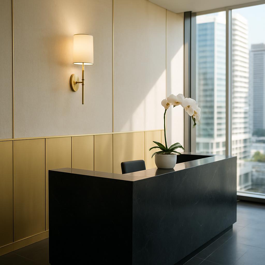 Recepción en crema y dorado de la suite 502