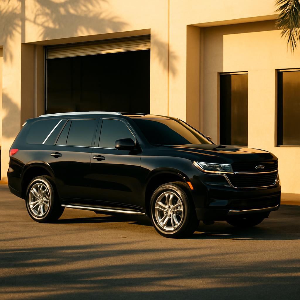 SUV con vidrios oscuros saliendo del taller en Doral