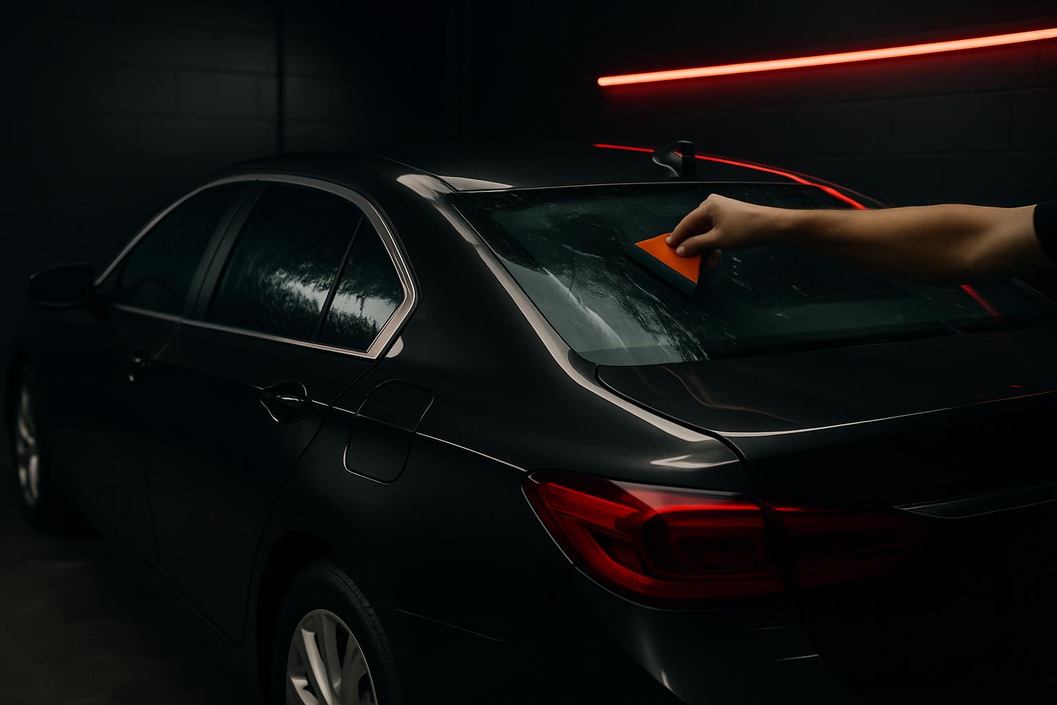 Instalación de película en la ventana trasera de un carro oscuro