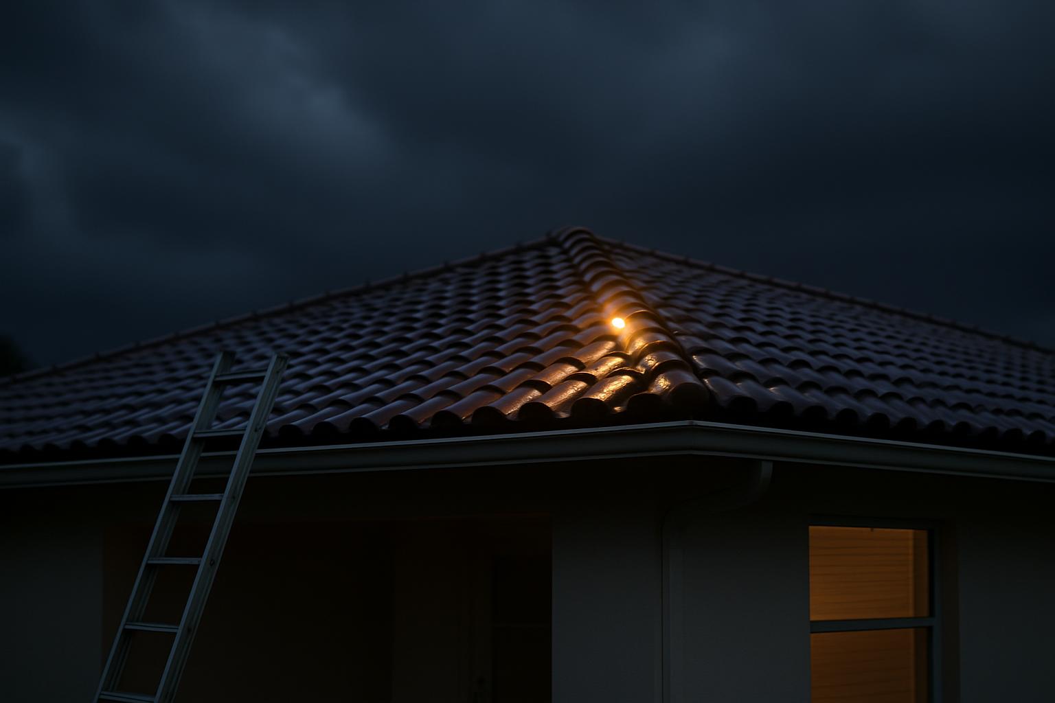 Techo de casa en Kendall al anochecer, con la luz de trabajo encendida