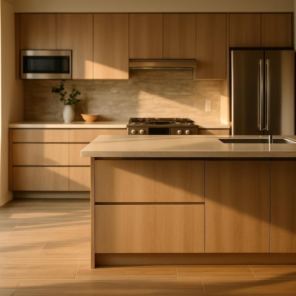 Cocina con piso de porcelanato tipo madera