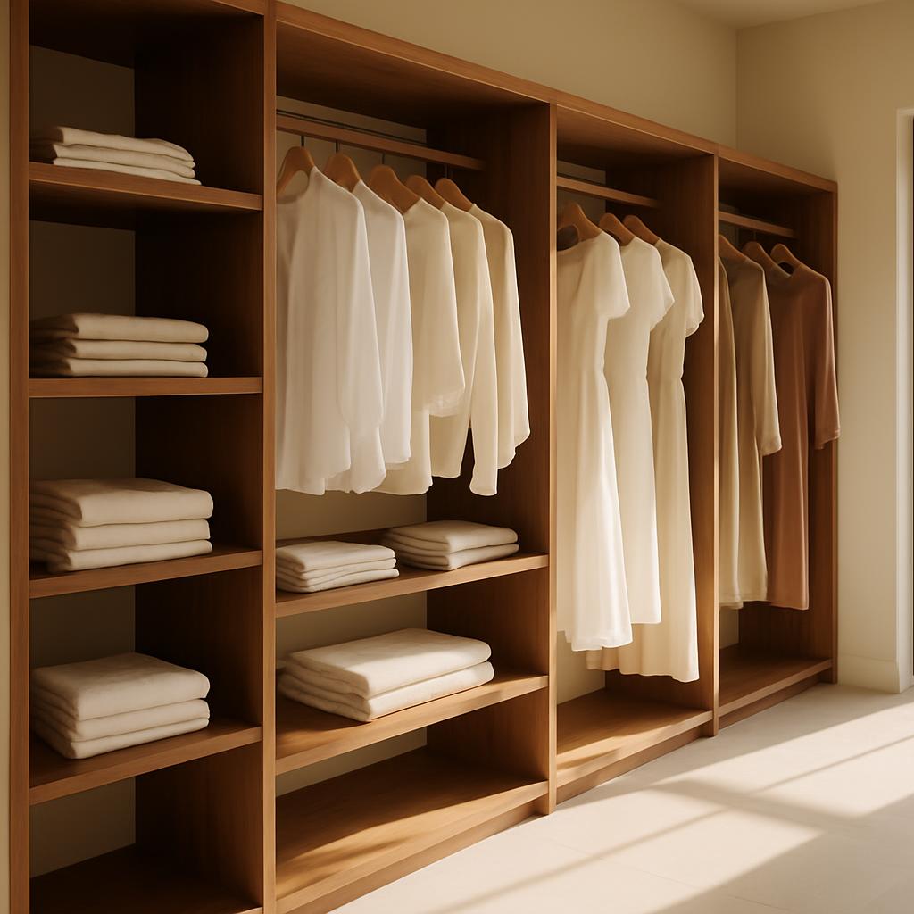 Vestidor a medida con repisas abiertas y luz cálida